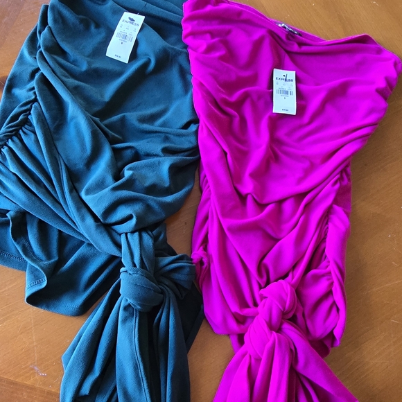 ❤💋 Express Duo NWT Emerald Teal& Fuschia Ruched Tops,M & S.Fun Loop Tie @Waist - Picture 4 of 8